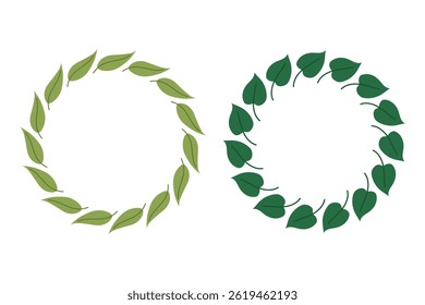 Set foliage frames. Round frame for invitation, card, cover, birthday, baby shower. Green leaves. Space for text.
