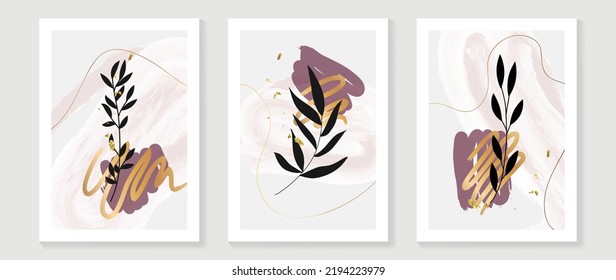 Set of foliage wall art background vector. Luxury wall decoration design with gold foil texture, leaf, watercolor, circle shapes. Design for interior, prints, cover, and postcard, wallpaper.