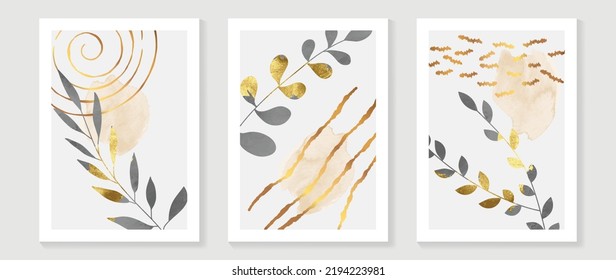 Set of foliage wall art background vector. Luxury wall decoration design with gold foil texture, leaf, gradient, circle shapes. Design for interior, prints, cover, and postcard, wallpaper.