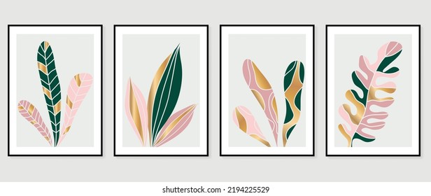 Set of foliage wall art background vector. Luxury wall decoration design with gold foil texture, leaf, watercolor, circle shapes. Design for interior, prints, cover, and postcard, wallpaper.