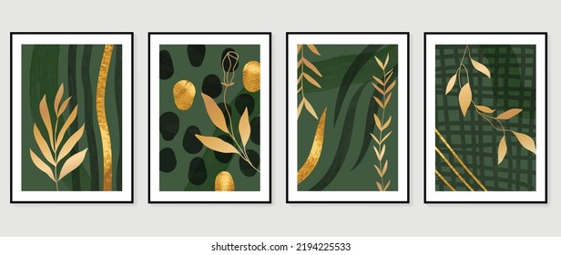 Set of foliage wall art background vector. Luxury wall decoration design with gold foil texture, leaf, watercolor, circle shapes. Design for interior, prints, cover, and postcard, wallpaper.