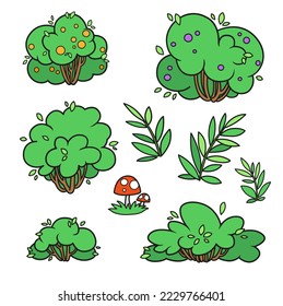 Set of  foliar bushes color variation for coloring page isolated on white background