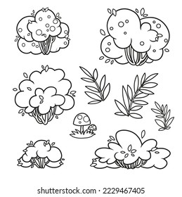 Set of  foliar bushes linear drawing for coloring page isolated on white background