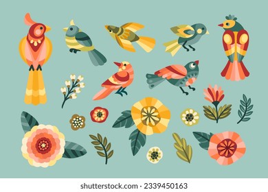 Set of folk design elements. Leaves, flowers, birds. Vector illustration