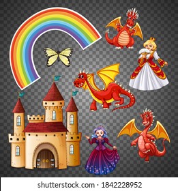 Set of folk fantasy elements isolated on transparent background illustration