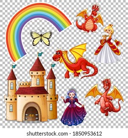 Set of folk fantasy elements isolated on transparent background illustration