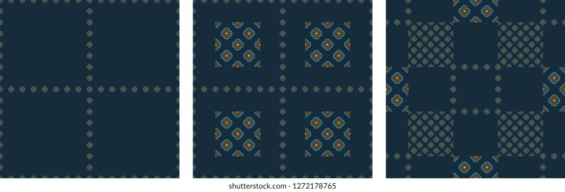 Set of folk floral pattern ethnic design. Simple geometric flowers patchwork motif yellow green on a gray blue. Printing block for fabric, textile accecories, scarf, pillow case, interior decoration.