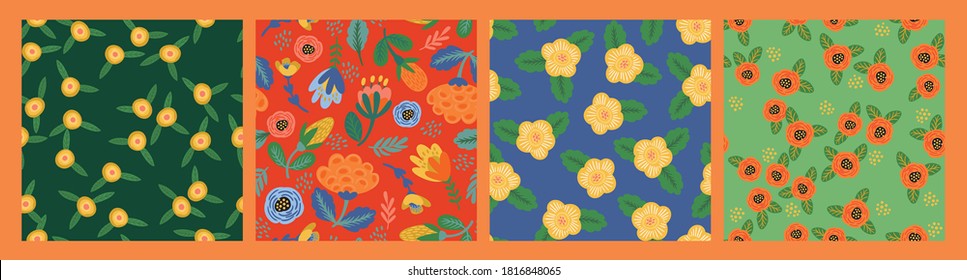 Set of Folk floral seamless patterns. Modern abstract design for paper, cover, fabric, pacing and other users