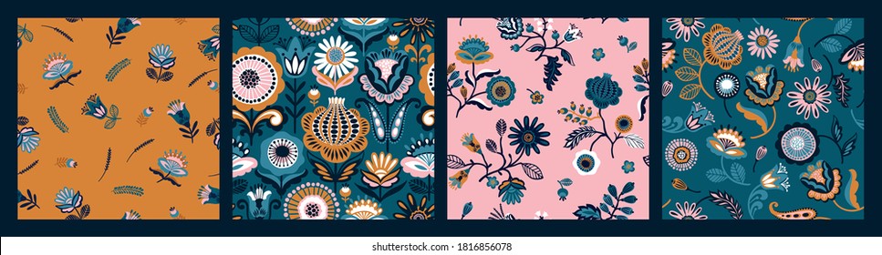 Set of Folk floral seamless patterns. Modern abstract design for paper, cover, fabric, pacing and other users