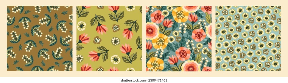 Set of Folk floral seamless patterns. Modern abstract design for paper, cover, fabric, pacing and other users