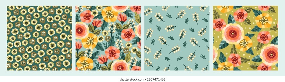 Set of Folk floral seamless patterns. Modern abstract design for paper, cover, fabric, pacing and other users