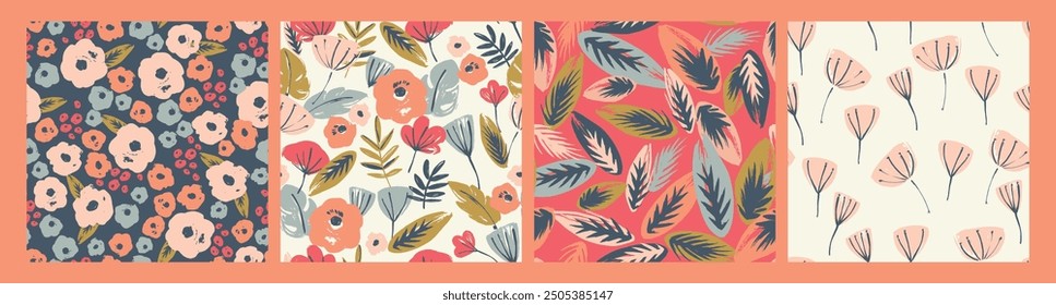Set of Folk floral seamless patterns. Modern abstract design for paper, cover, fabric, pacing and other users
