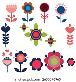 Set of folk flower vector on abstract white background. Geometric shape flower elements.