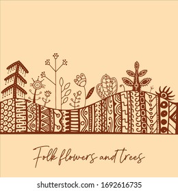 Set of folk flowers and trees. Doodle hand-draw illustrations in vector. Design for packaging, weddings, fabrics, textiles, wallpaper, website, postcards.