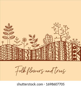 Set of folk flowers and trees. Doodle hand-draw illustrations in vector. Design for background, packaging, weddings, fabrics, textiles, wallpaper, website, postcards.