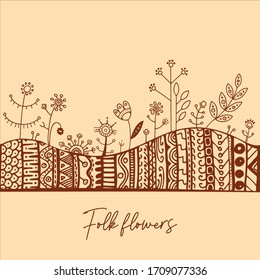 Set of folk flowers and trees. Doodle hand-draw illustrations in vector.  