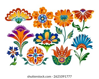 Set of folk hand drawn flowers exotic fantasy floral boho flower print design.