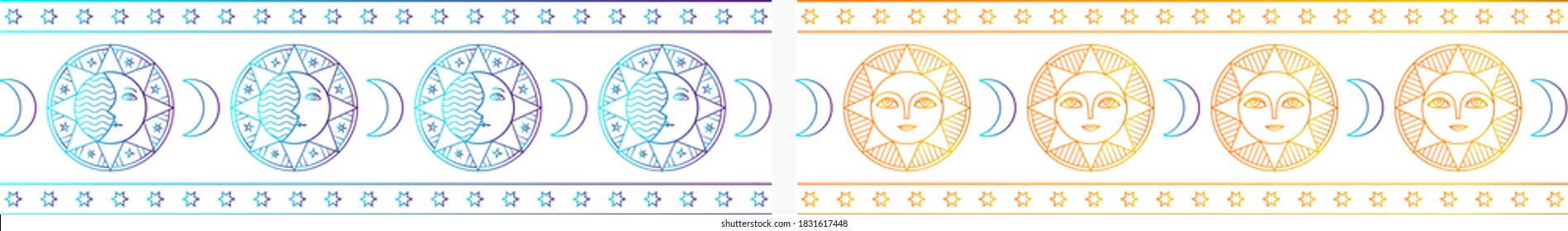 A set of folk ornaments. The pattern with the sun, month, stars is repeated on a white background. The pattern with the sun and stars is isolated on a white background. Decorative vector illustration.