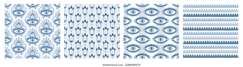 Set of folk ornate patterns for print design. Traditional Asian eye and paw ornament. Vector ethnic background in boho style for textile, fabrics and any surface design.