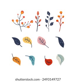 Set of Folk plant colored branches and leaves. Autumn botany. Minimalistic tree. Flat vector illustration