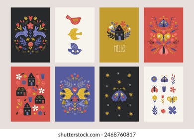 Set of folklore cards with rabbit, birds, butterflies, houses and flowers in scandinavian style. Perfect for seasonal holidays. Vector illustration