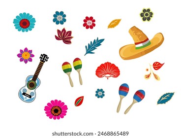 Set of folkloric mexican equal elements. Sombreros, maracas, flowers. Cinco de Mayo