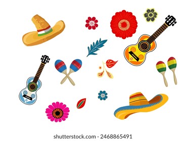 Set of folkloric mexican equal elements. Sombreros, maracas, flowers. Cinco de Mayo