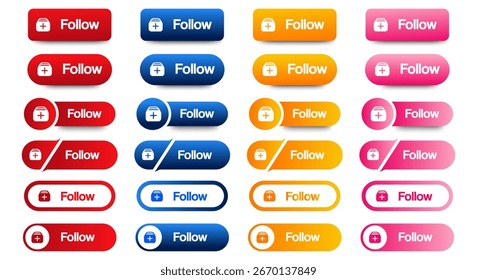 Set of follow buttons icon design. colorful gradient follow button pack for website, ads, UI and project. vector EPS 10