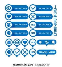 Set of follower, views, subscribers, speech bubbles, like icons and elements isolated on a white background. In blue color.