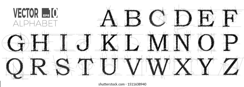 set of font and alphabet, vector of modern abstract letters made with pen. Designer or engineer style project with lines and scribble