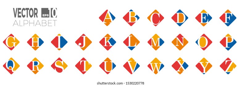 set of font and alphabet, vector of modern abstract letters, in rhombus broken