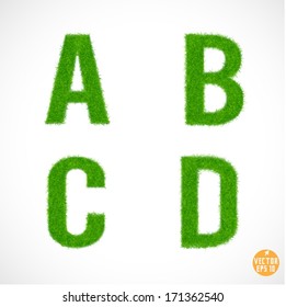 Set of font A B C D with grass textured isolated white background, vector illustration