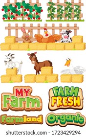 Set of font design for farm and many farm animals illustration