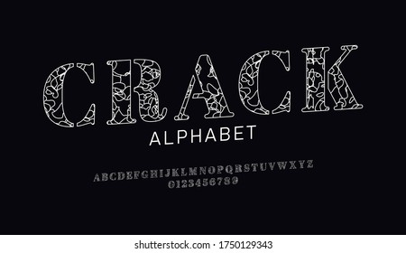 Set of font letters and numbers with decorative сracked surface. Broken effect. Isolated white alphabet on black background. Outline style