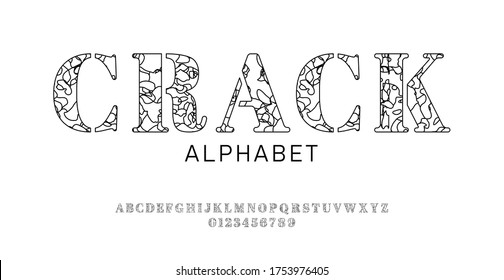 Set of font letters and numbers with decorative сracked surface. Broken effect. Isolated black alphabet on white background. Outline style