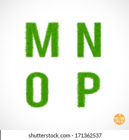 Set of font M N O P uppercase with grass textured isolated white background, vector illustration