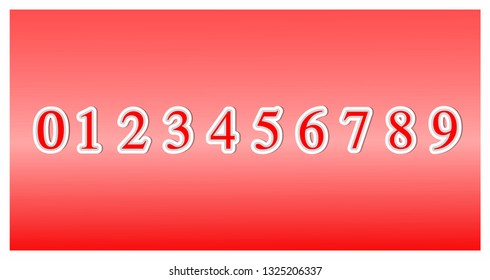 Set of font numbers from zero to nine, 3d icon design elements isolated on red background. illustration Vector