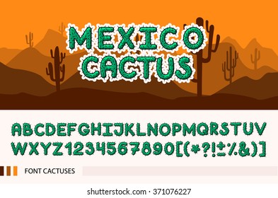 Set font with with spines / thorns. Barbed font. Horizontal banner set with cactus plants isolated vector illustration. 