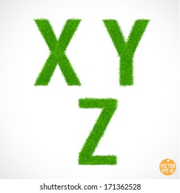 Set of font X Y Z uppercase with grass textured isolated white background, vector illustration