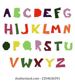 A set of fonts with broken sharp letters and the whole alphabet. A color font made of sharp lines. The letters are in English. Vector illustration. Color collection