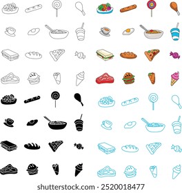 set of food with 4 version style design genre, restaurant and cafe menu option design material, food list graphic resource, food sticker icon set