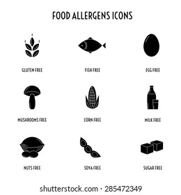 Set of food allergens free products (wheat, gluten, fish, egg, mushroom,  corn, milk, lactose, nut,  soya, sugar). Vector illustration. 