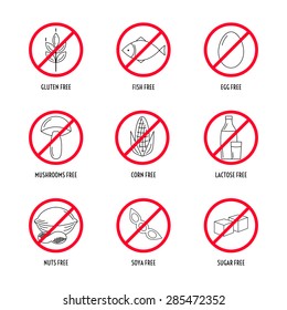 Set of food allergens free products (wheat, gluten, fish, egg, mushroom,  corn, milk, lactose, nut,  soya, sugar). Vector illustration. 