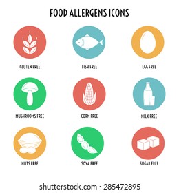 Set of food allergens free products (wheat, gluten, fish, egg, mushroom,  corn, milk, lactose, nut,  soya, sugar). Vector illustration. 