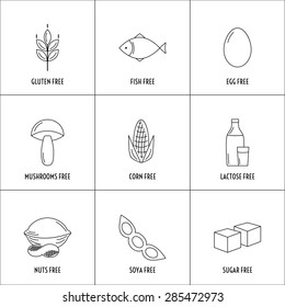 Set of food allergens free products (wheat, gluten, fish, egg, mushroom,  corn, milk, lactose, nut,  soya, sugar). Vector illustration. 