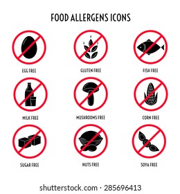 Set of food allergens free products (wheat, gluten, fish, egg, mushroom,  corn, milk, lactose, nut,  soya, sugar). Vector illustration. 