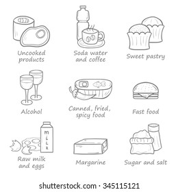Set of food to avoid during pregnancy in hand drawn dtyle