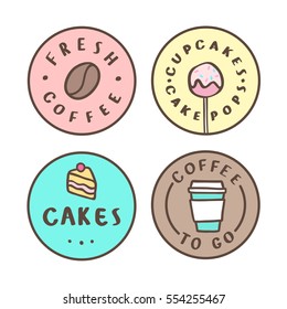 Set of food badges. Coffee, cakes, cupcakes. Vector hand drawn illustration.