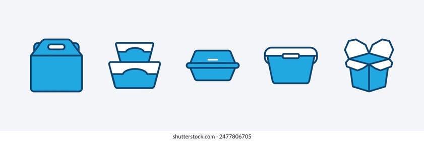 Conjunto de bolsa de alimentos o caja delgada línea icono. Contiene embalaje, caja de cartón, contenedor, producto, bocadillo, lonchera, papel, comedor, comida rápida, vajilla. Ilustración vectorial