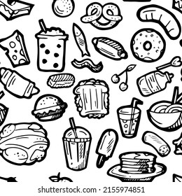 Set of food. Baking buns and meat dishes. Hand drawing outline. Isolated on white background. Monochrome drawing. Vector.